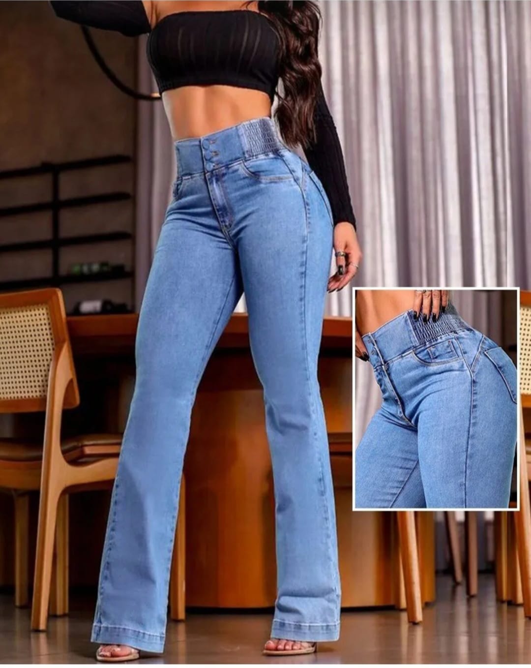 Yüksek Bel Yanları Lastik önü Düğmeli Kot Pantolon