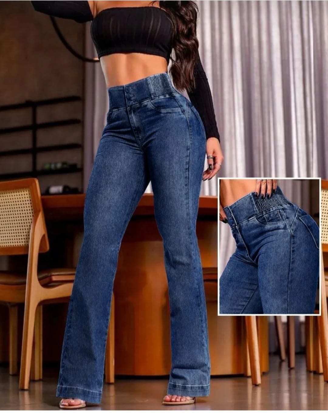 Yüksek Bel Yanları Lastik önü Düğmeli Kot Pantolon